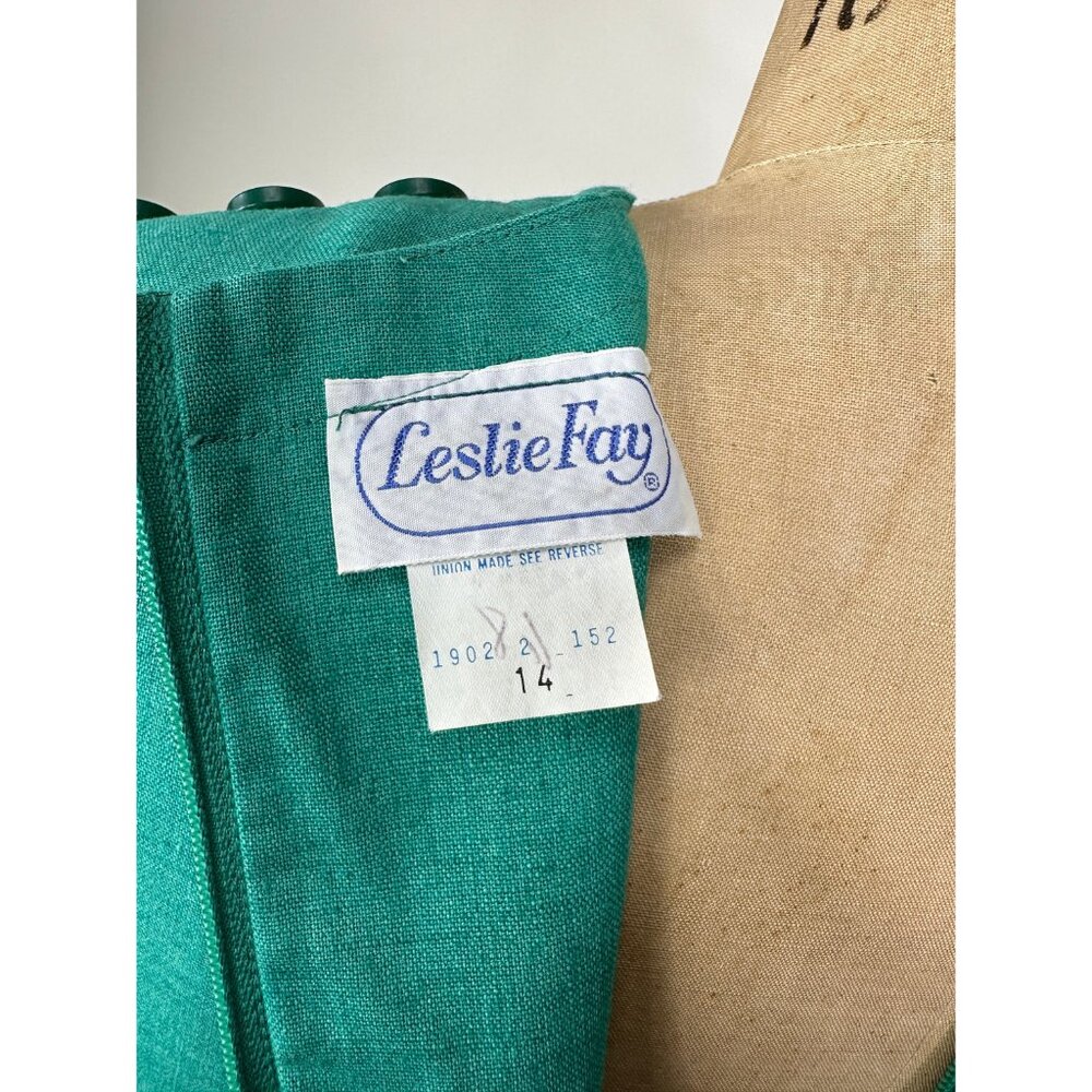 1980s green linen dress with shoulder buttons and pockets by Leslie Fay Size M/L - Picture 8 of 8